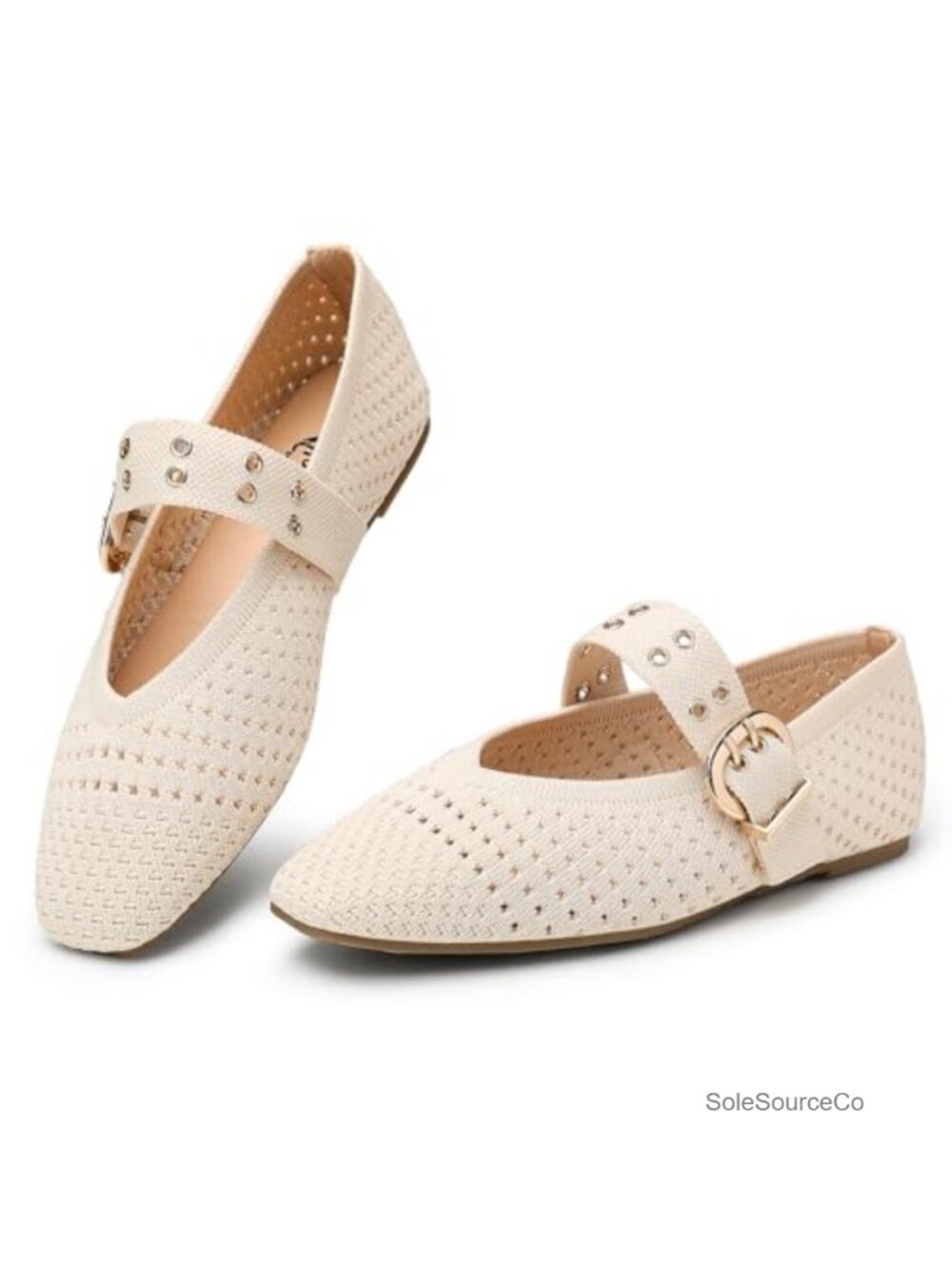 Knit Square Toe Ballet Flats Mary Jane Buckle Strap Women's